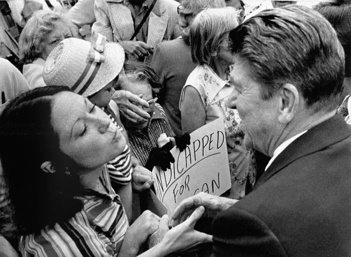 Framed Print : Ronald Reagan Shaking Hands with Eager Supporter Framed Print : Ronald Reagan Shaking Hands with Eager Supporter