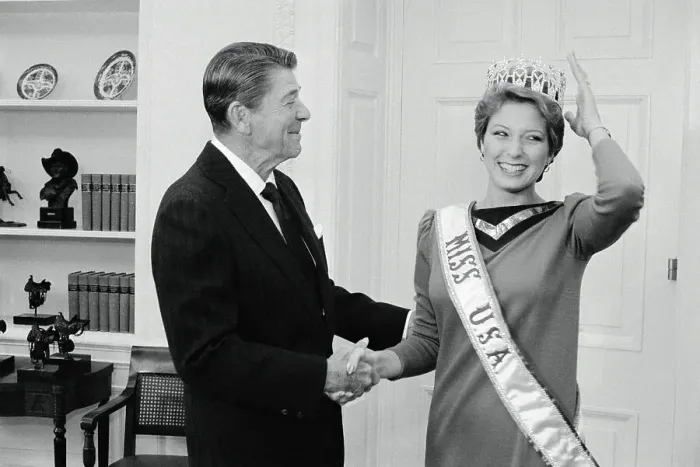Framed Print : Ronald Reagan Shaking Hands with Miss U.S.A Framed Print : Ronald Reagan Shaking Hands with Miss U.S.A