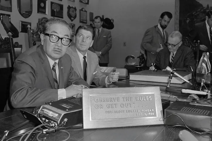 Framed Print : Ronald Reagan and S.I. Hayakawa at a News Conference