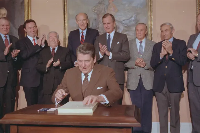 Framed Print : Ronald Reagan After Signing Bill Framed Print : Ronald Reagan After Signing Bill