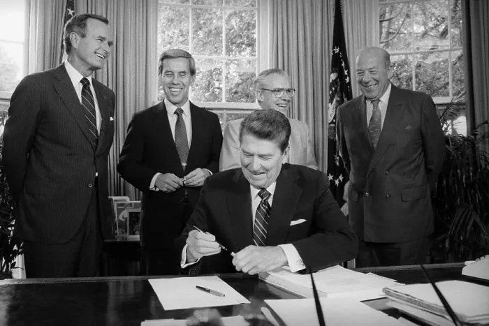 Framed Print : Ronald Reagan Signing Document at Meeting Framed Print : Ronald Reagan Signing Document at Meeting