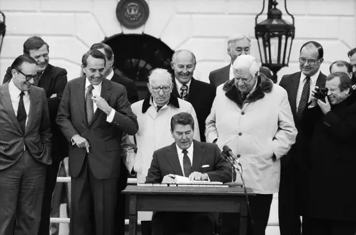Framed Print : Ronald Reagan Signing Bill in Midst of Politicians Framed Print : Ronald Reagan Signing Bill in Midst of Politicians