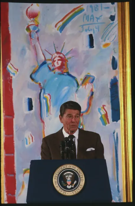 Framed Print : Ronald Reagan Speaking in Front of Painting Framed Print : Ronald Reagan Speaking in Front of Painting
