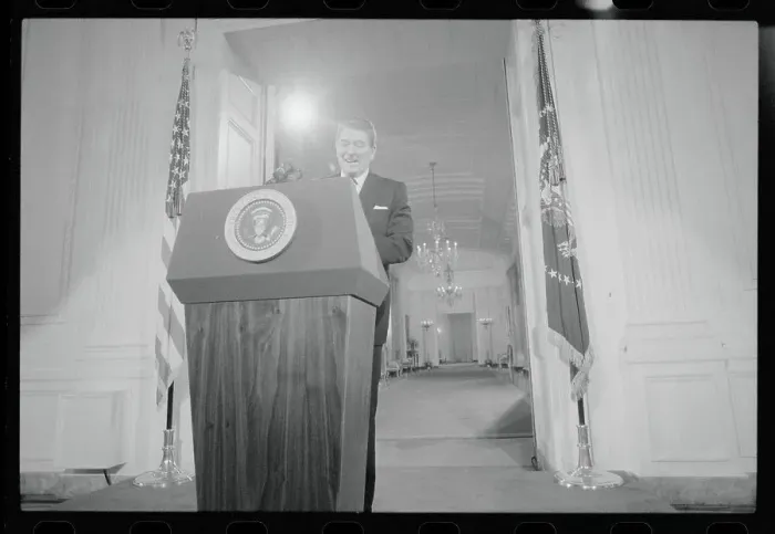 Framed Print : Ronald Reagan Speaking at Press Conference Framed Print : Ronald Reagan Speaking at Press Conference