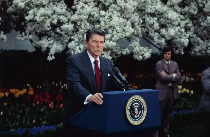 Framed Print : Ronald Reagan Speaking in the Rose Garden Framed Print : Ronald Reagan Speaking in the Rose Garden