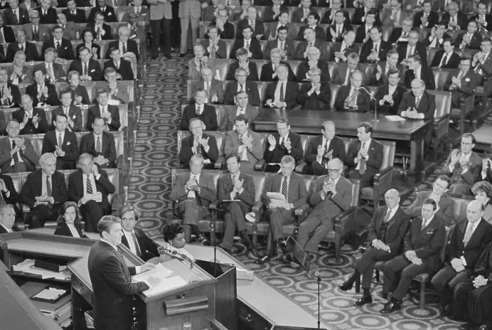 Framed Print : Ronald Reagan Speaking to White House Members Framed Print : Ronald Reagan Speaking to White House Members