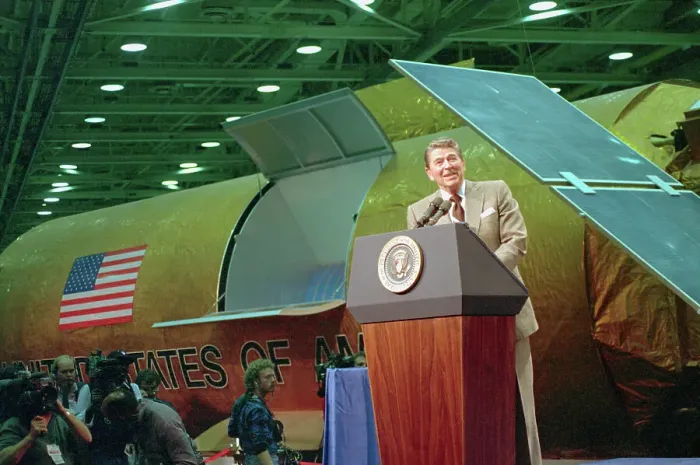 Framed Print : Ronald Reagan Speaking to Workers at Plant