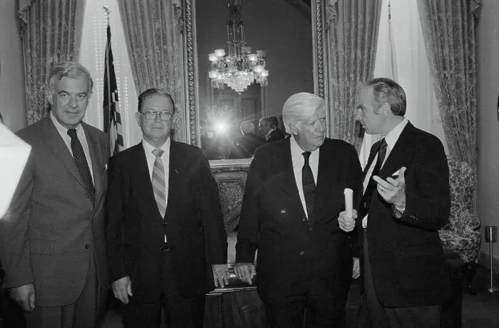 Framed Print : Ronald Reagan and Staff Members with Press Framed Print : Ronald Reagan and Staff Members with Press