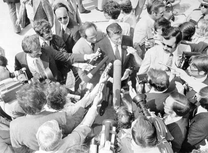 Framed Print : Ronald Reagan Surrounded by News Persons
