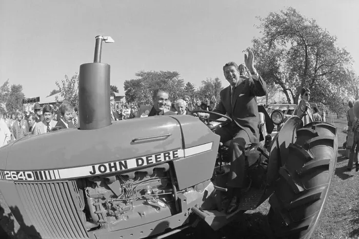 Framed Print : Ronald Reagan Waving from Tractor Framed Print : Ronald Reagan Waving from Tractor