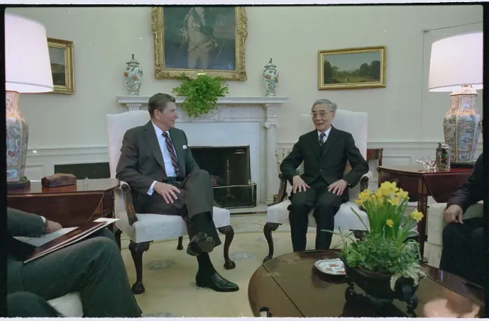 Framed Print : Ronald Reagan and Zhang Wenjin Chatting Framed Print : Ronald Reagan and Zhang Wenjin Chatting