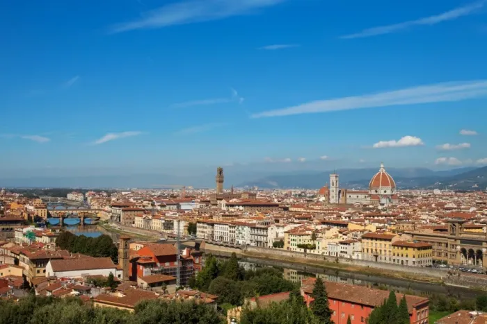 Framed Print : rooftop view of Basilica di Santa Maria del Fiore and Ponte Vecchio in Florence, Italy