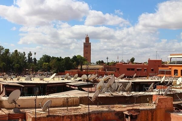 Rooftops of Marrakech and Koutoubia at the bottom