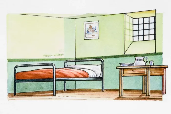 Framed Print : Room furnished with single bed and small table Framed Print : Room furnished with single bed and small table