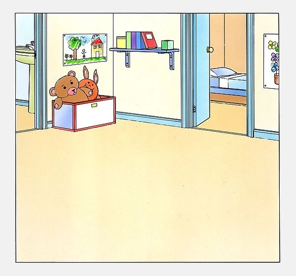 A room with toys, bedroom, bathroom visible in adjacent rooms, illustration