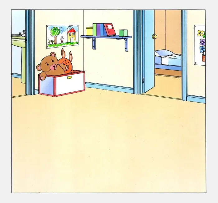 Framed Print : A room with toys, bedroom, bathroom visible in adjacent rooms, illustration Framed Print : A room with toys, bedroom, bathroom visible in adjacent rooms, illustration