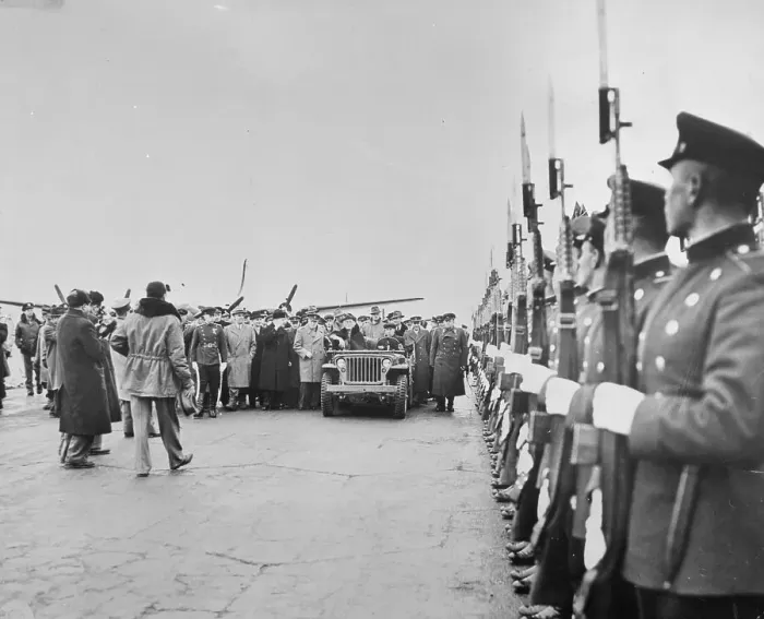 Framed Print : Roosevelt in Jeep Reviewing Troops Framed Print : Roosevelt in Jeep Reviewing Troops