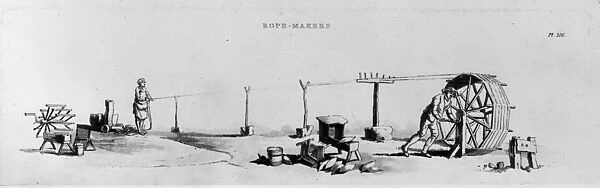 Rope-Yard. circa 1802: Rope-makers spin and comb fibres of hemp