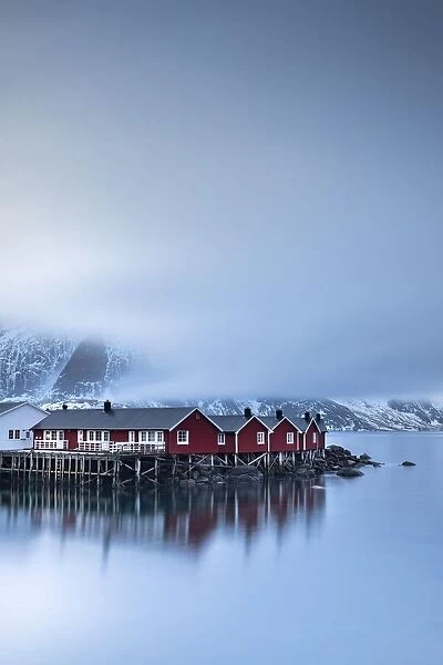 Rorbuer cabins from Hamnoy by the fjord, Hamnoey, Moskenesoeya, Lofoten, Norway