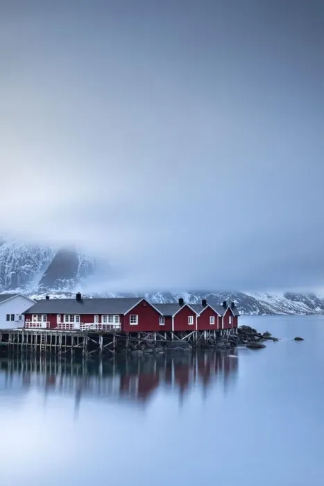 Framed Print : Rorbuer cabins from Hamnoy by the fjord, Hamnoey, Moskenesoeya, Lofoten, Norway