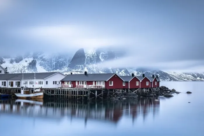 Framed Print : Rorbuer cabins from Hamnoy by the fjord, Hamnoey, Moskenesoeya, Lofoten, Norway