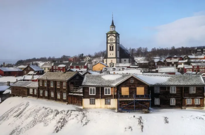 Framed Print : Roros old mining town with church hill in winter Framed Print : Roros old mining town with church hill in winter