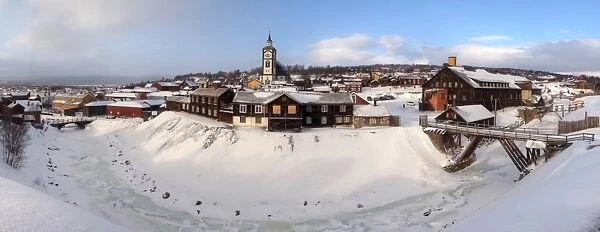 Roros old mining town church hill winter panorama