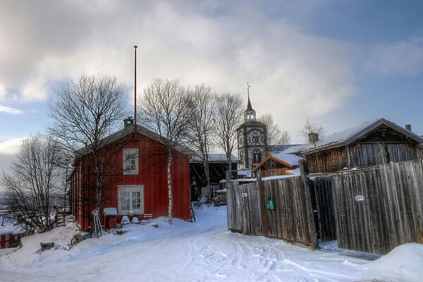 Roros old town church and wooden houses in winter