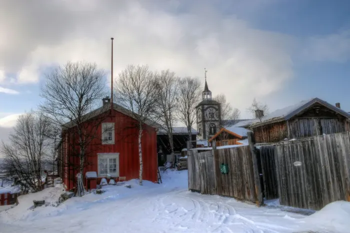 Framed Print : Roros old town church and wooden houses in winter Framed Print : Roros old town church and wooden houses in winter