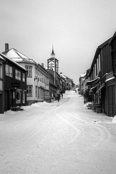 Roros old town main church street in winter snow