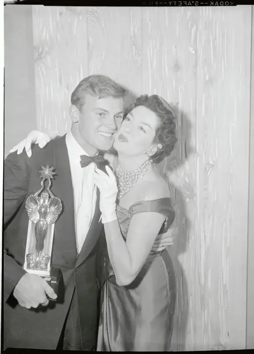 Framed Print : Rosaling Russell Kissing Tab Hunter on the Cheek Framed Print : Rosaling Russell Kissing Tab Hunter on the Cheek