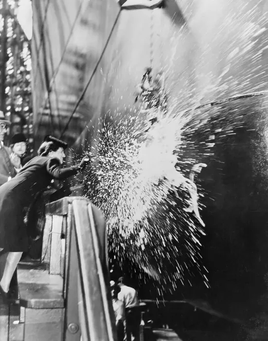 Framed Print : Rose Kennedy Breaking Bottle on Ship