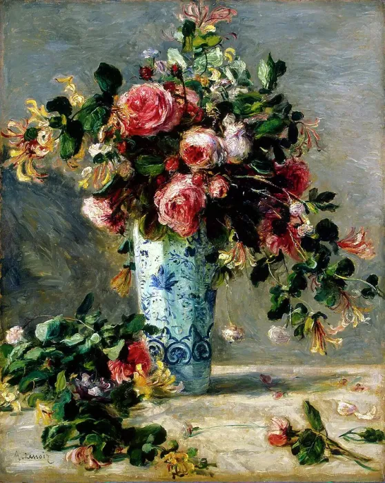 Framed Print : Roses and Jasmine in a Delft Vase, 1880-1881. Artist: Pierre-Auguste Renoir Framed Print : Roses and Jasmine in a Delft Vase, 1880-1881. Artist: Pierre-Auguste Renoir
