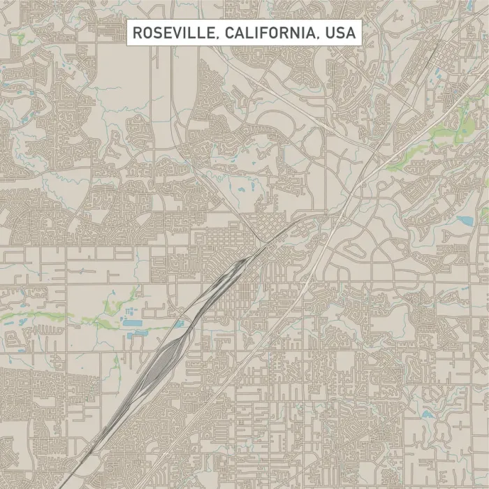 Framed Print : Roseville California US City Street Map Framed Print : Roseville California US City Street Map