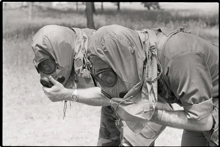 Framed Print : ROTC Cadets Bending Over with Gas Masks Framed Print : ROTC Cadets Bending Over with Gas Masks