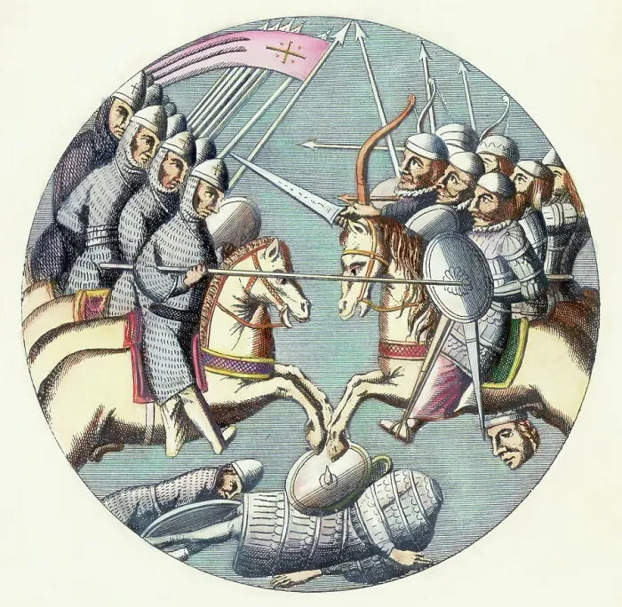 Framed Print : Round Medieval Illus. Moslems / Crusaders Framed Print : Round Medieval Illus. Moslems / Crusaders