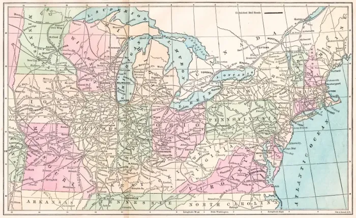 Framed Print : Routes of travel in the United States map 1875 Framed Print : Routes of travel in the United States map 1875