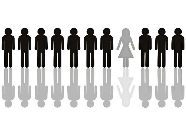 Row of black male pictogram figures with a single grey female figure, symbolic image for a womens quota