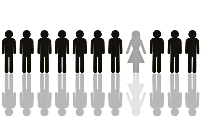 Framed Print : Row of black male pictogram figures with a single grey female figure, symbolic image for a womens quota Framed Print : Row of black male pictogram figures with a single grey female figure, symbolic image for a womens quota
