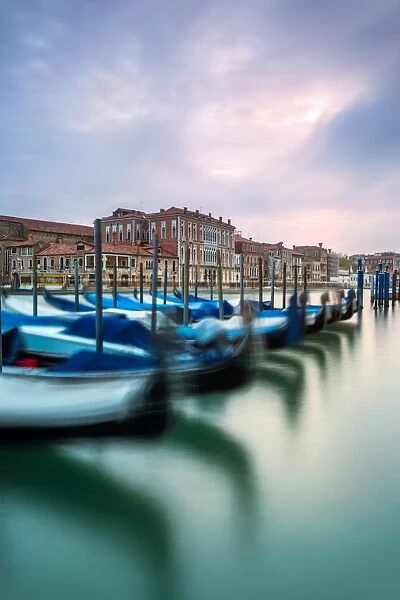 Row of gondolas lined in the Grand canal, Venice