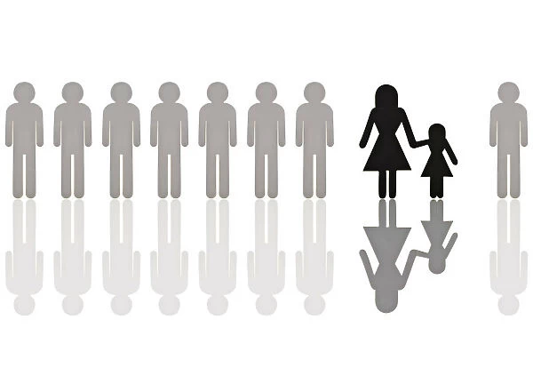 Row of grey male pictogram figures with a single black female figure with a child, symbolic image for discrimination in employment because of a child