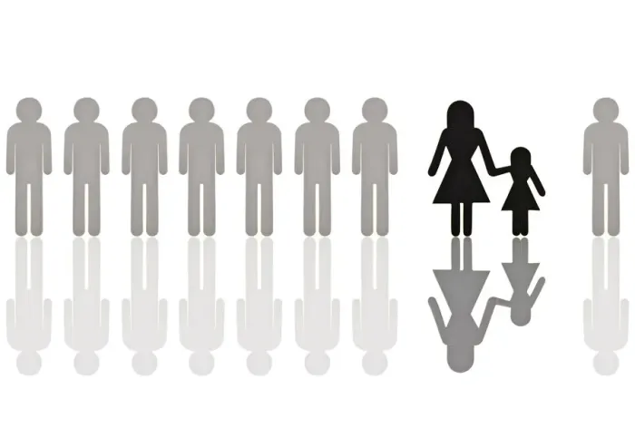 Framed Print : Row of grey male pictogram figures with a single black female figure with a child, symbolic image for discrimination in employment because of a child Framed Print : Row of grey male pictogram figures with a single black female figure with a child, symbolic image for discrimination in employment because of a child
