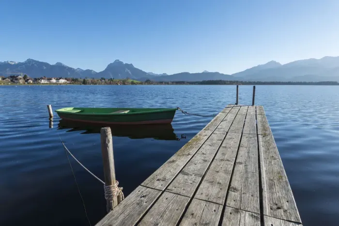 Framed Print : Rowing boat with jetty on the shore of Hopfensee Lake near Fuessen, Ostallgaeu region, Allgaeu, Bavaria, Germany, Europe