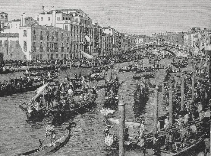 Framed Print : Rowing competition of the gondoliers on the Grand Canal in Venice, Italy, Historic, digital reproduction of an original 19th-century master Framed Print : Rowing competition of the gondoliers on the Grand Canal in Venice, Italy, Historic, digital reproduction of an original 19th-century master