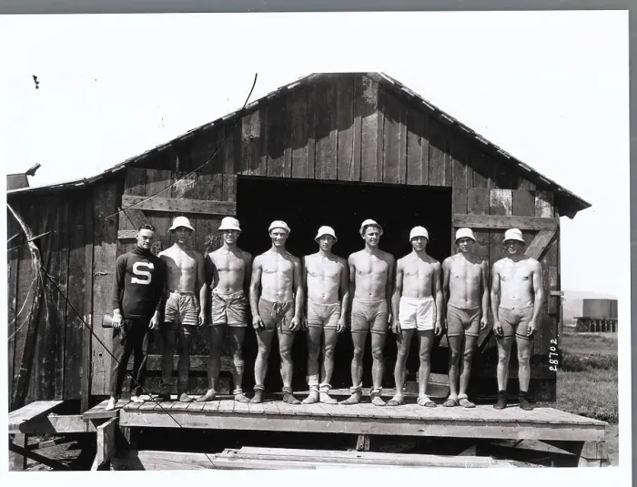 Framed Print : Rowing Team Posing on Pier Framed Print : Rowing Team Posing on Pier