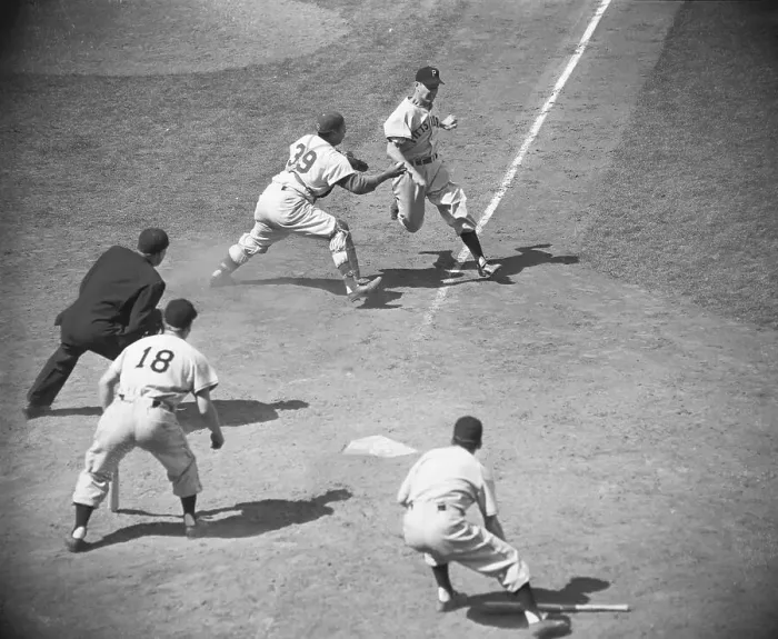Framed Print : Roy Campanella Tagging Peter Castiglione Framed Print : Roy Campanella Tagging Peter Castiglione