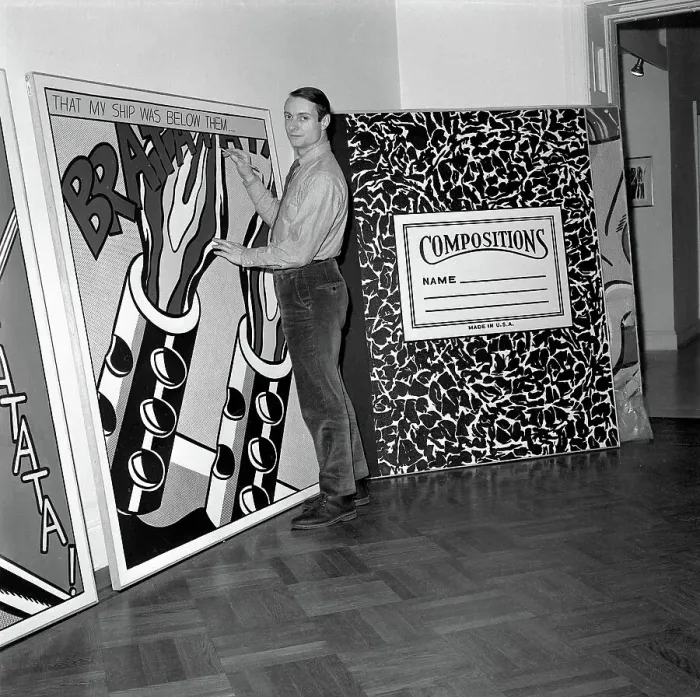 Framed Print : Roy Lichtenstein with Pencil at Painting