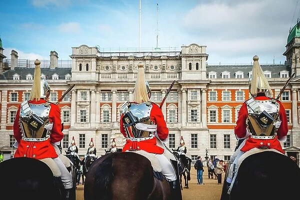 The Royal Guards in red uniform on horses, The Life Guards, Household Cavalry Mounted Regiment, parade ground Horse Guards Parade, Changing of the Guard, Old Admiralty Building, Whitehall, Westminster, London, England, United Kingdom
