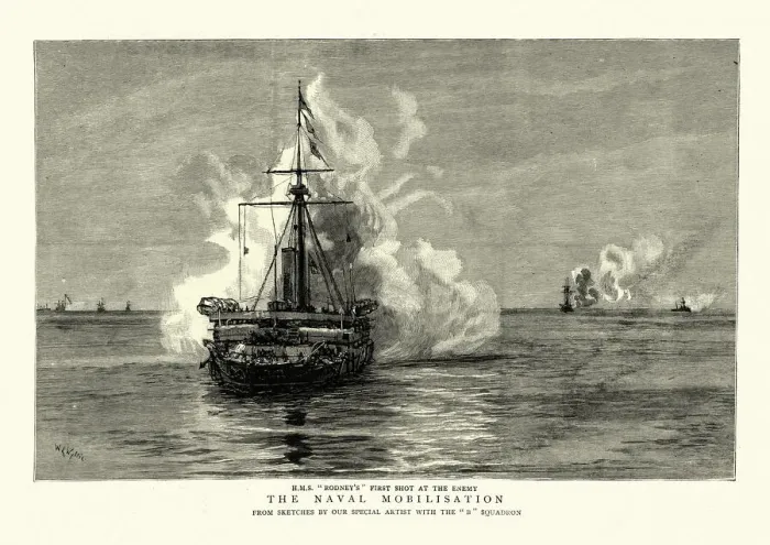 Framed Print : Royal Navy maneuvers, HMS Rodneys first shot at the enemy, Victorian warship Framed Print : Royal Navy maneuvers, HMS Rodneys first shot at the enemy, Victorian warship