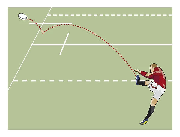 Rugby player kicking ball into touch, dotted line marking progress